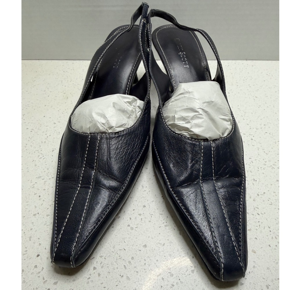 Karen Scott Navy Blue Leather Slingback Pointed Toe Kitten Heels Contrast Stitch